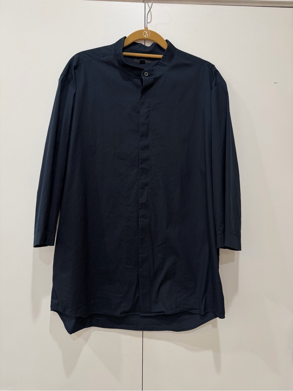 COS Navy Blue Grandad Collar Shirt Cotton Poplin Band Mandarin Collar Top Sz L - Picture 5 of 12